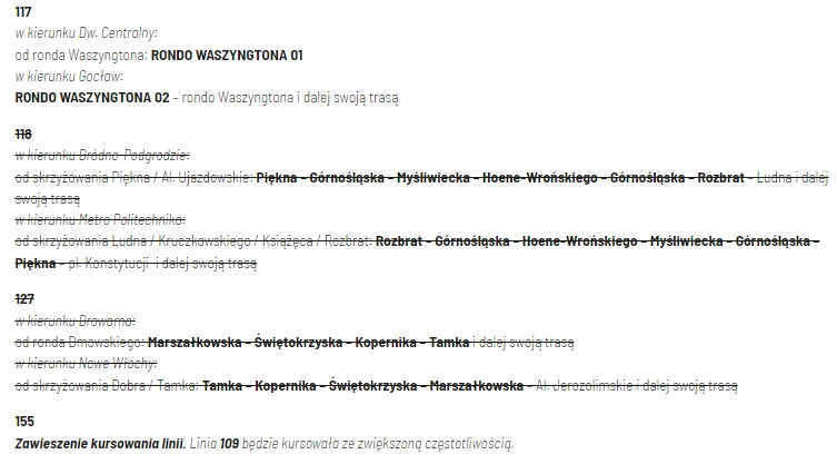 Fragment komunikatu o objazdach związanych z zamknięciem ronda de Gaulle'a. WTP wykreślił część objazdowych tras na dwa dni przed wprowadzeniem chwilowych objazdów Fragment komunikatu o objazdach związanych z zamknięciem ronda de Gaulle'a. WTP wykreślił część objazdowych tras na dwa dni przed wprowadzeniem chwilowych objazdów