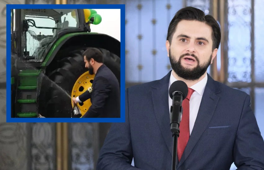 Wiceminister rolnictwa Norbert Kaczmarczyk; (po lewej podczas wesela oblewa szampanem ciągnik) Wiceminister rolnictwa Norbert Kaczmarczyk; (po lewej podczas wesela oblewa szampanem ciągnik)