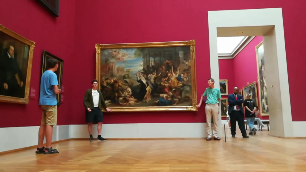 Niemieccy aktywiści ekologiczni z organizacji "Letzte Generation" przykleili się do bezcennego obrazu Rubensa "Rzeź niewiniątek" w Monachium (Niemcy)