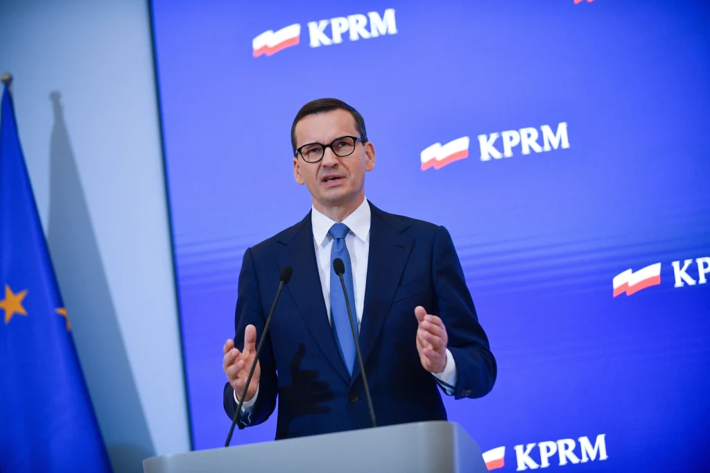 Premier Mateusz Morawiecki podczas konferencji prasowej w siedzibie Kancelarii Prezesa Rady Ministrów w Warszawie