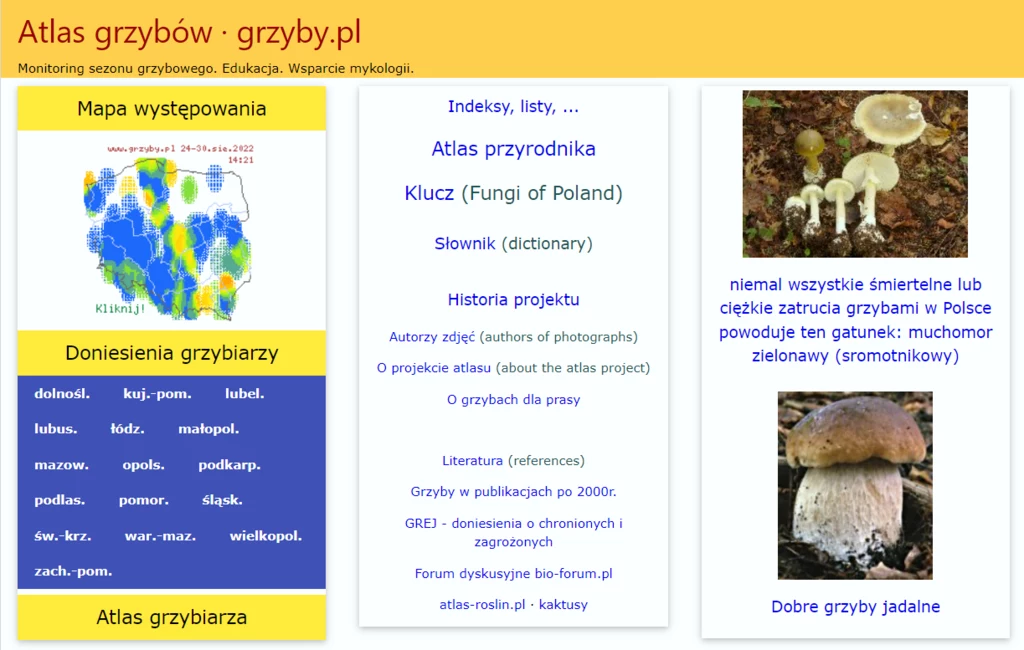 Aplikacja mobilna grzyby.pl zawiera szczegółowe mapy występowania poszczególnych gatunków i odmian