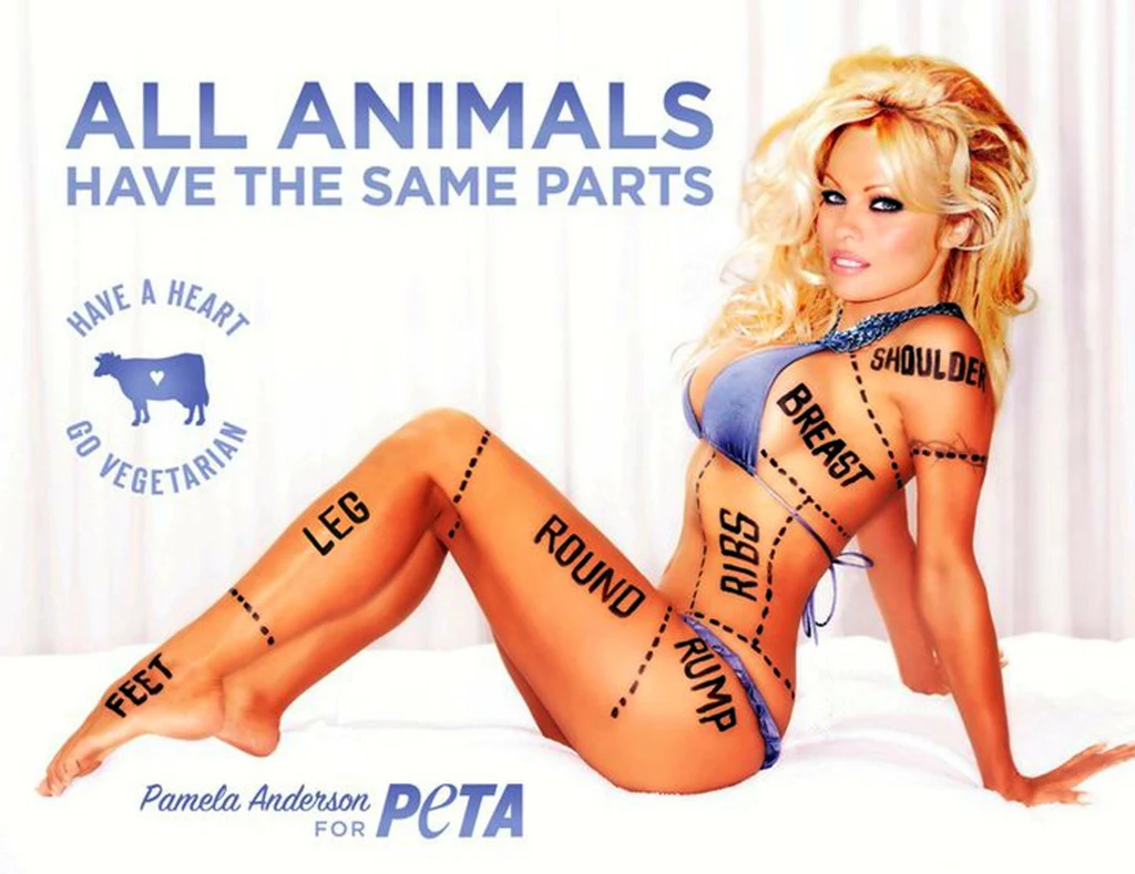 "Wszystkie zwierzęta mają te same części ciała. Miej serce. Przejdź na wegetarianizm" - brzmiało hasło organizacji PETA