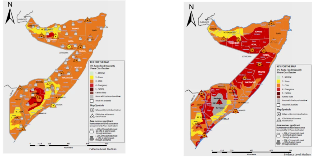 Od lewej na mapach: maj i lipiec w Somalii. Sytuacja jest coraz gorsza