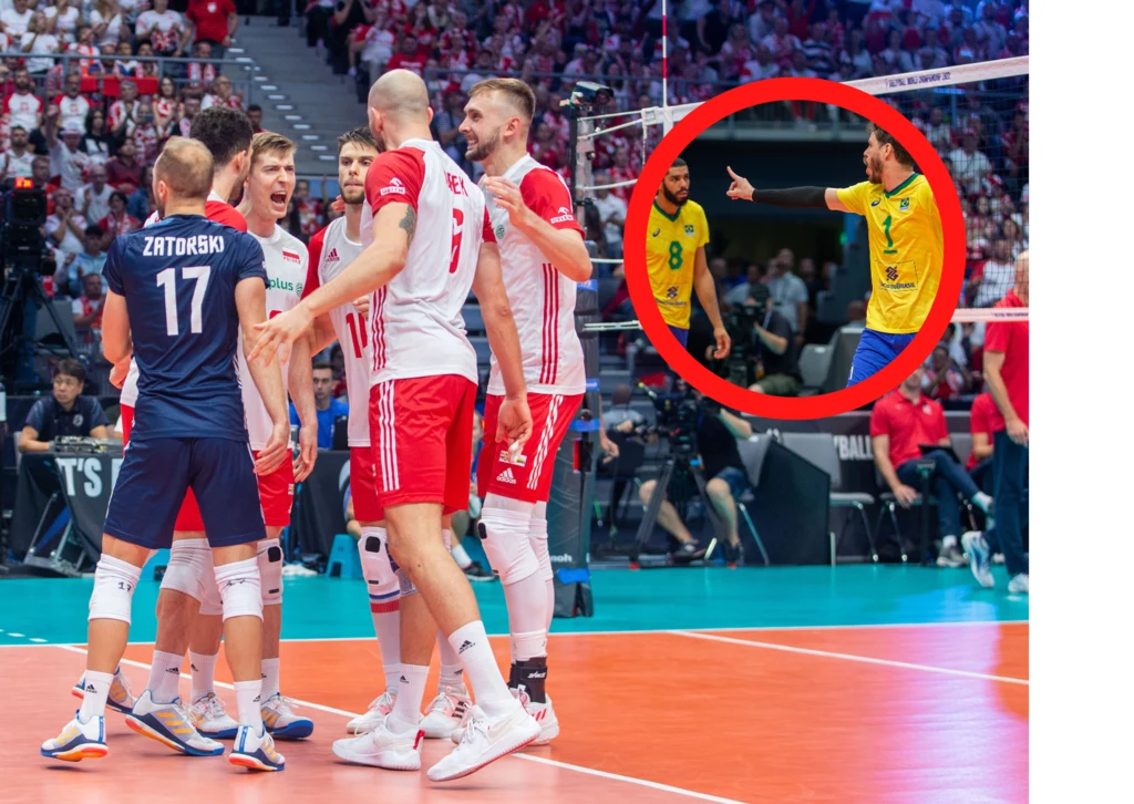 Siatkówka. Mistrzostwa świata 2022: Polska - Brazylia. Kiedy i o której półfinał? Na zdjęciu reprezentanci Polski w siatkówce, w kółku Brazylijczycy 