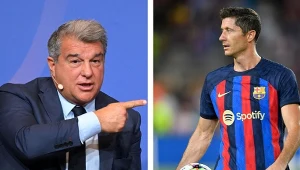 Robert Lewandowski i prezydent Barcelony Joan Laporta