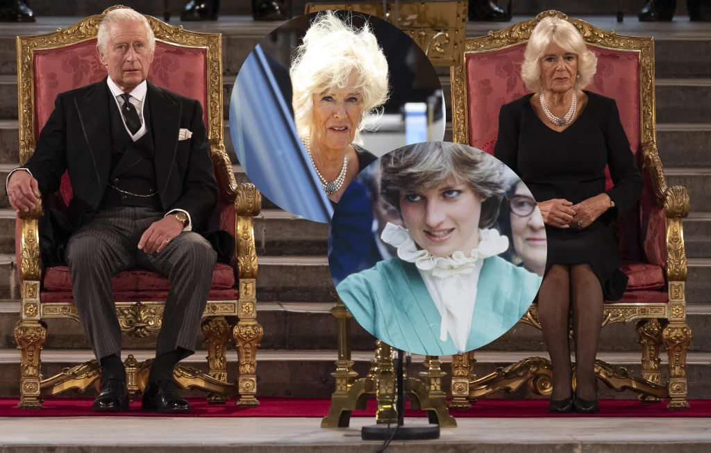 Król Karol III i królowa małżonka Camilla. W tle znów księżna Diana