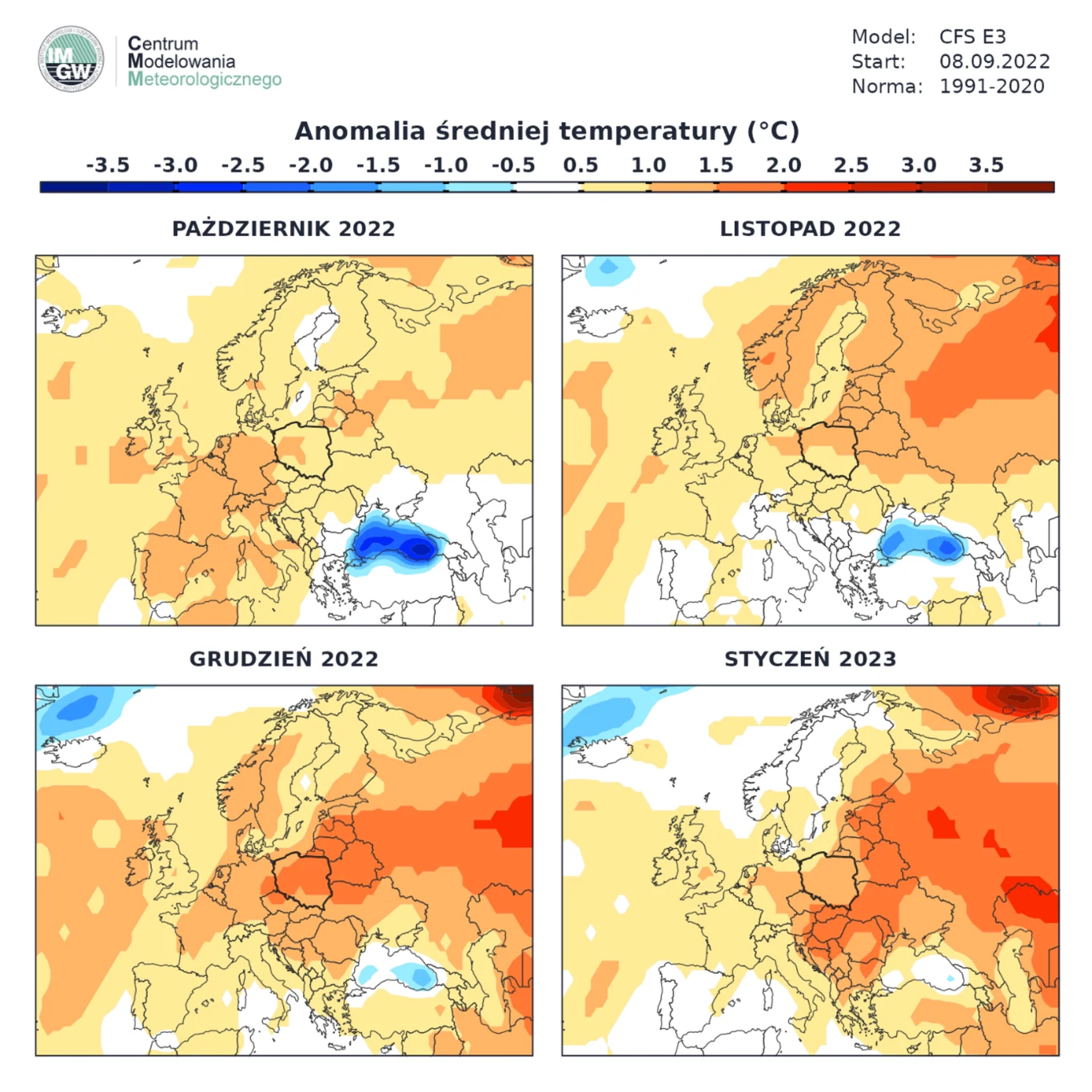 Anomalia średniej temperatury w nadchodzących miesiącach