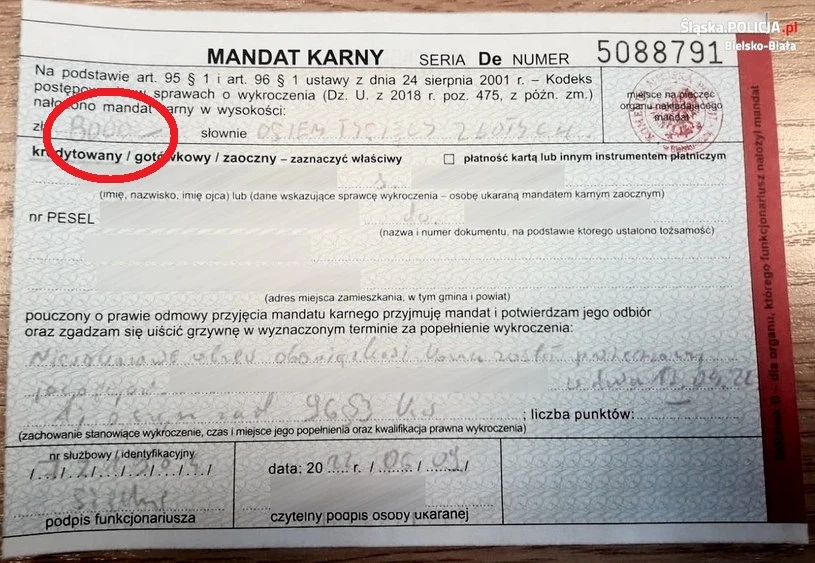 Mandat w wysokości 8 tys. zł za niewskazanie prowadzącego pojazd Mandat w wysokości 8 tys. zł za niewskazanie prowadzącego pojazd