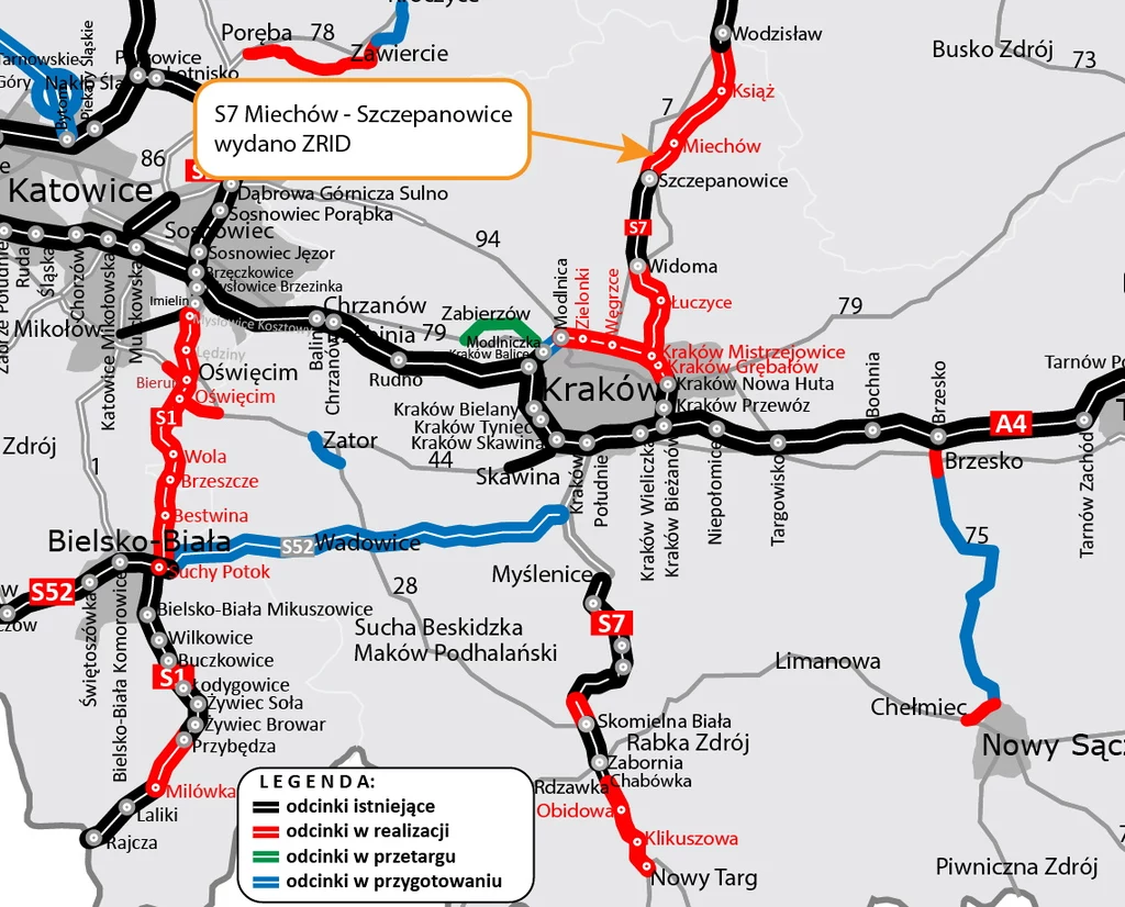 Szczepanowice - Miechów to ostatni odcinek drogi S7, na którym nie trwają jeszcze prace budowalne