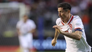 Robert Lewandowski podczas meczu Ligi Narodów UEFA Belgia — Polska