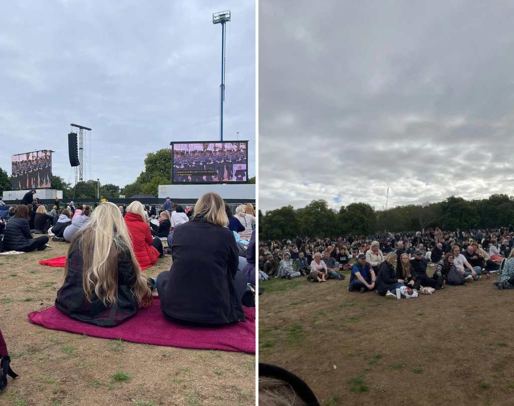 Ludzie oglądający pogrzeb Elżbiety II w Hydeparku / fot. Marta Niemira Ludzie oglądający pogrzeb Elżbiety II w Hydeparku / fot. Marta Niemira