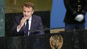 Prezydent Francji Emmanuel Macron podczas 77. Debaty Generalnej w Sali Zgromadzenia Ogólnego w Kwaterze Głównej ONZ w Nowym Jorku
