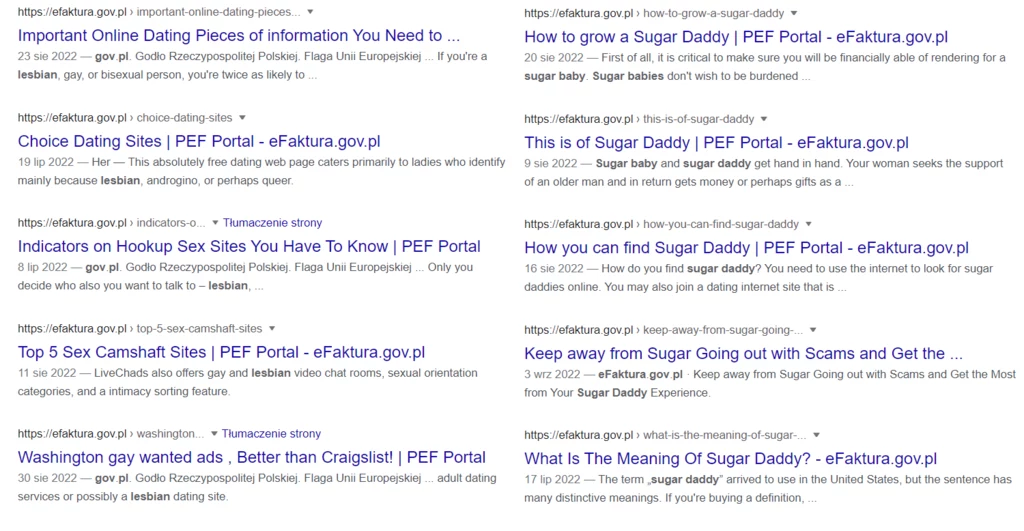 Przykładowe listy artykułów w serwisie efaktura.gov.pl indeksowane przez Google