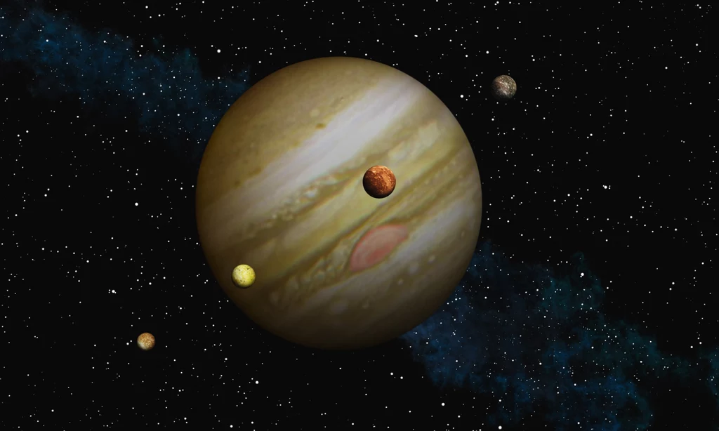 Jowisz i zestaw jego największych księżyców, nazywanych Galileuszowymi.