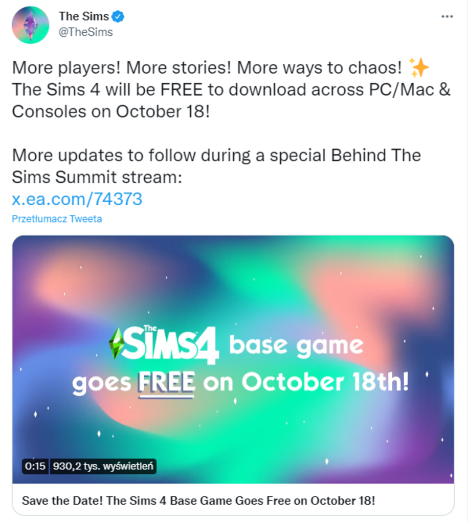 Gra The Sims 4 za darmo od 18 października