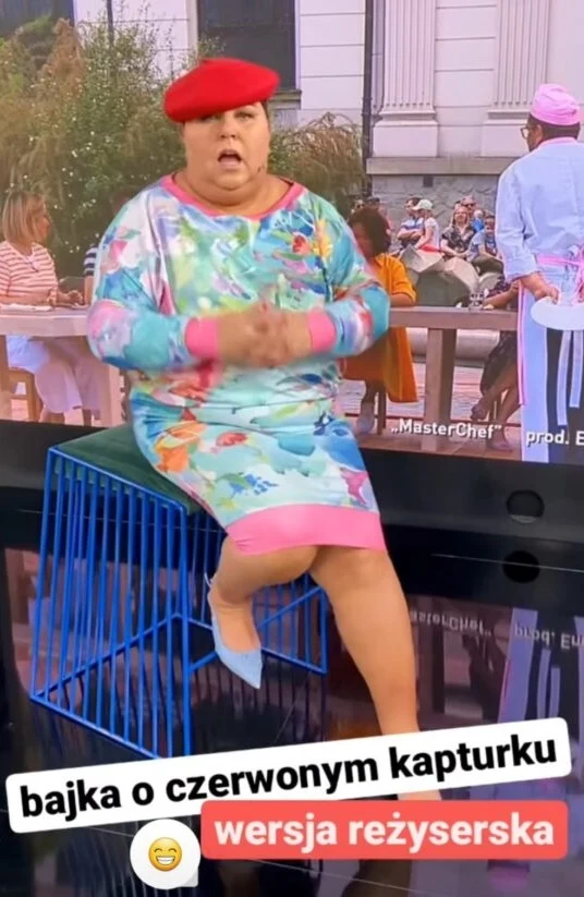 Dorota Wellman jako nowy Czerwony kapturek. Dorota Wellman jako nowy Czerwony kapturek.