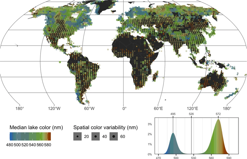 Rozkład przestrzenny mediany modalnego koloru jeziora i zmienność przestrzenna jezior na świecie