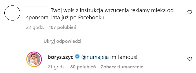 Komentarz Borysa Szyca pod wpisem na Instagramie @borys.szyc/