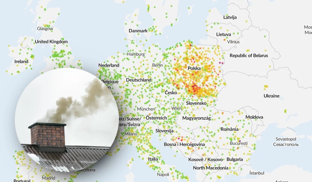 Smog w Polsce powrócił. Polska na mapie Europy pokazującej zanieczyszczenia powietrza to jedna wielka żółta plama