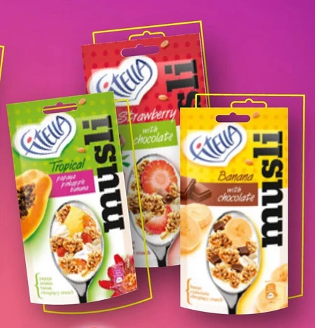 Fitella Musli chrupkie truskawkowe z siemieniem lnianym i kawałkami czekolady 50 g