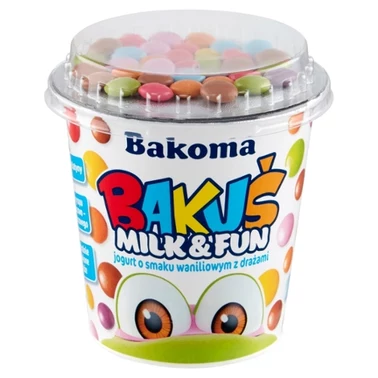 Bakoma Bakuś Milk & Fun Jogurt o smaku waniliowym z drażami 135 g - 2