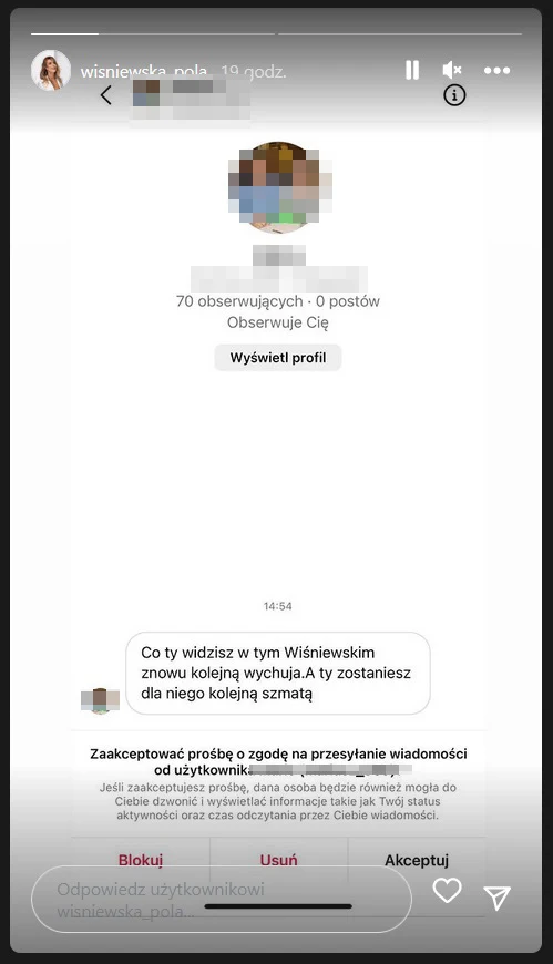 Pola Wiśniewska upubliczniła wiadomość od hejtera Pola Wiśniewska upubliczniła wiadomość od hejtera
