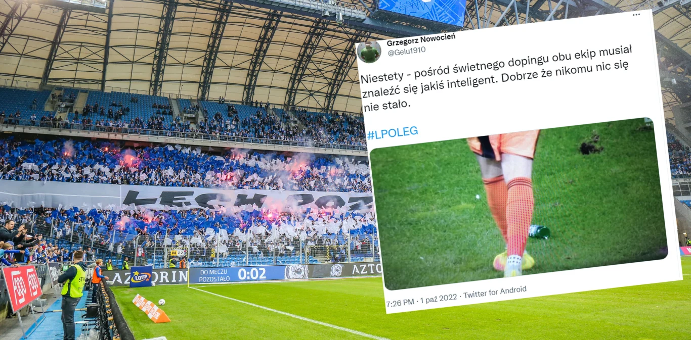 Podczas meczu Lech - Legia na murawie wylądowały butelki Podczas meczu Lech - Legia na murawie wylądowały butelki