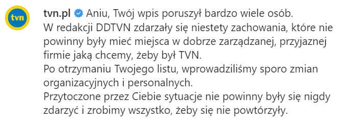 Odpowiedź TVN pod postem na Instagramie Anny Wendzikowskiej