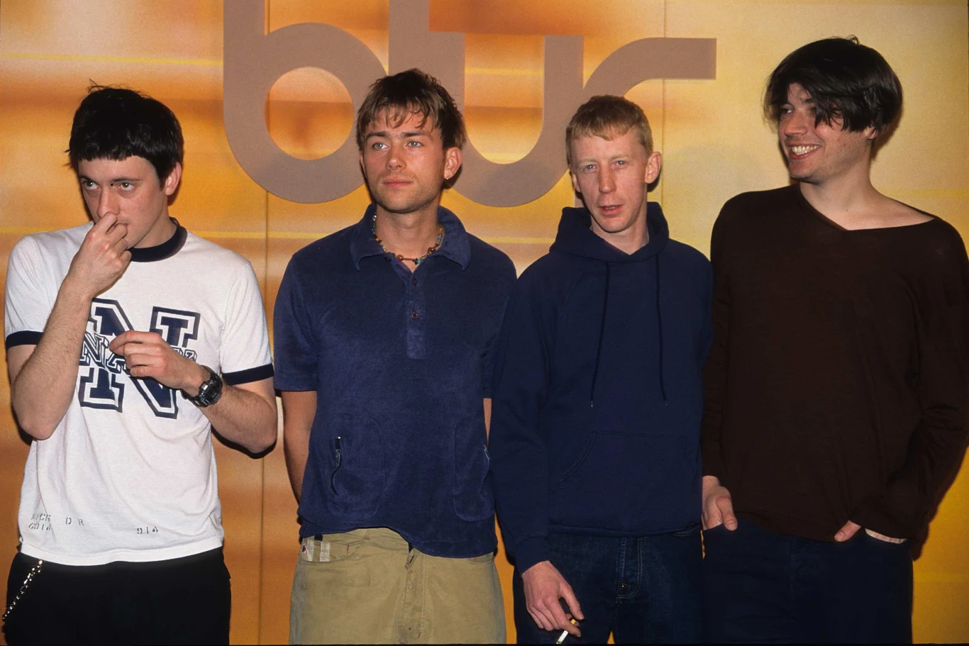Zespół Blur, od lewej: Graham Coxon, Damon Albarn, Dave Rowntree i Alex James, 1 lutego 1997 r.