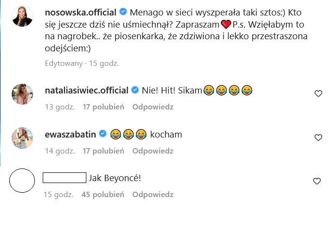 Komentarze pod wpisem Kasi Nosowskiej na IG @nosowska.official/ Komentarze pod wpisem Kasi Nosowskiej na IG @nosowska.official/