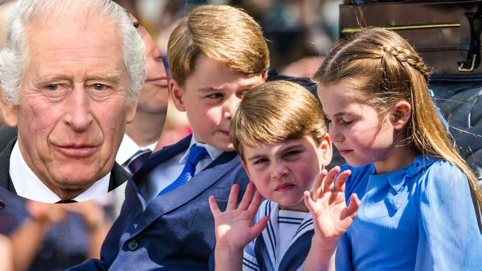 Księżniczka Charlotte, książęta Louis i George oraz ich dziadek król Karol III. Księżniczka Charlotte, książęta Louis i George oraz ich dziadek król Karol III.