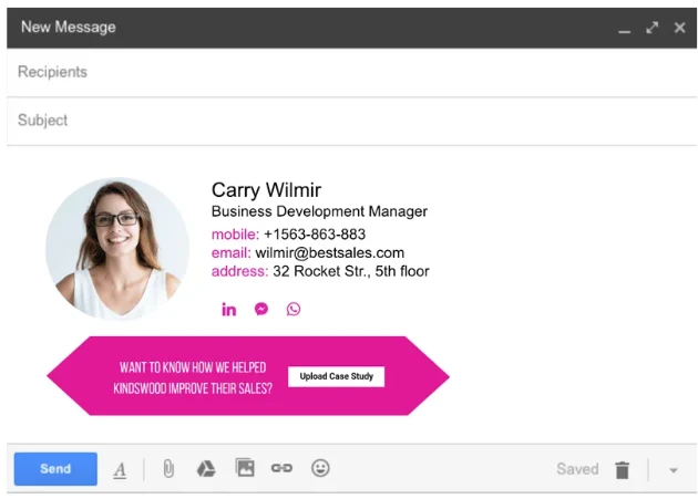 Pisanie maili - przykład profesjonalnej stopki z tekstem promocyjnym.