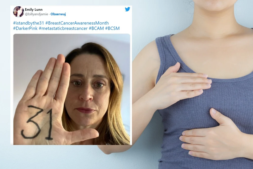 Pierwszym objawem u Emily okazała się być biała wydzielina z brodawki, przypominająca mleko. Guz w piersi pojawił się później