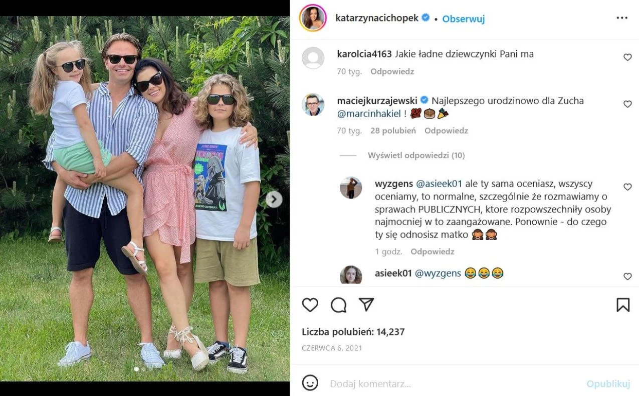 Maciej Kurzajewski komentuje profil Kasi Cichopek i oznacza Marcina Hakiela