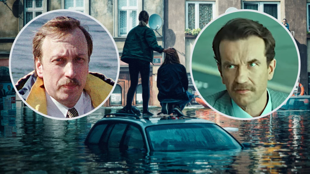 Ówczesny prezydent Wrocławia Bogdan Zdrojewski oraz wcielający się w tę rolę Tomasz Kot. W tle kadr z serialu Netflix "Wielka Woda" Ówczesny prezydent Wrocławia Bogdan Zdrojewski oraz wcielający się w tę rolę Tomasz Kot. W tle kadr z serialu Netflix "Wielka Woda"