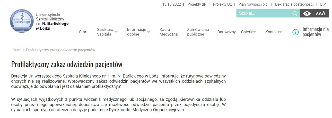 Komunikat zamieszczony na stronie Uniwersyteckiego Szpitala Klinicznego im. N. Barlickiego w Łodzi 