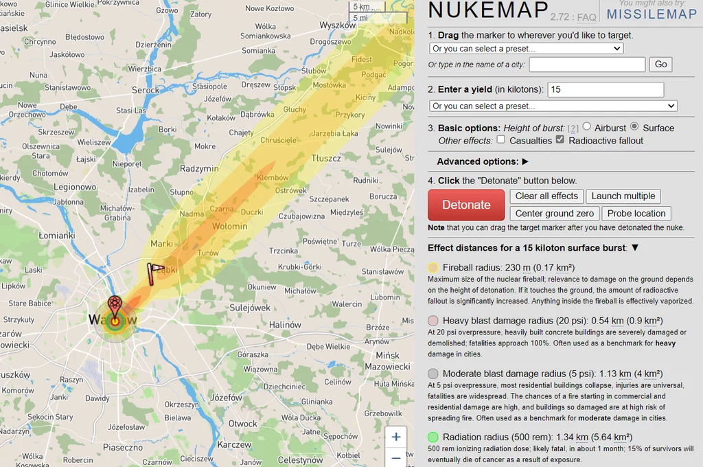 Symulacja uderzenie jądrowego na Warszawę ładunkiem o mocy 15 kiloton.