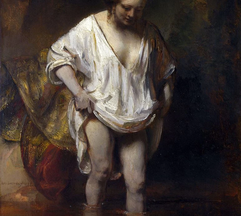 "Kobieta kąpiąca się w strumieniu" Rembrandt van Rijn, XVII w.