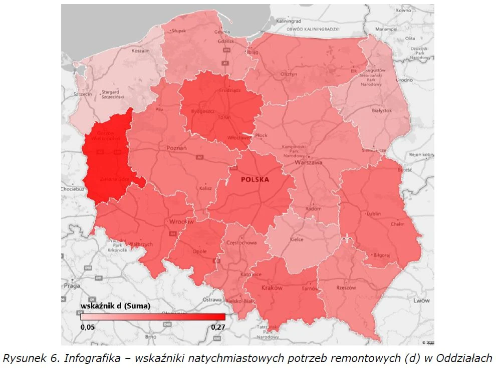 Infografika przedstawiająca wskaźniki natychmiastowych potrzeb remontowych w poszczególnych oddziałach GDDKiA Infografika przedstawiająca wskaźniki natychmiastowych potrzeb remontowych w poszczególnych oddziałach GDDKiA