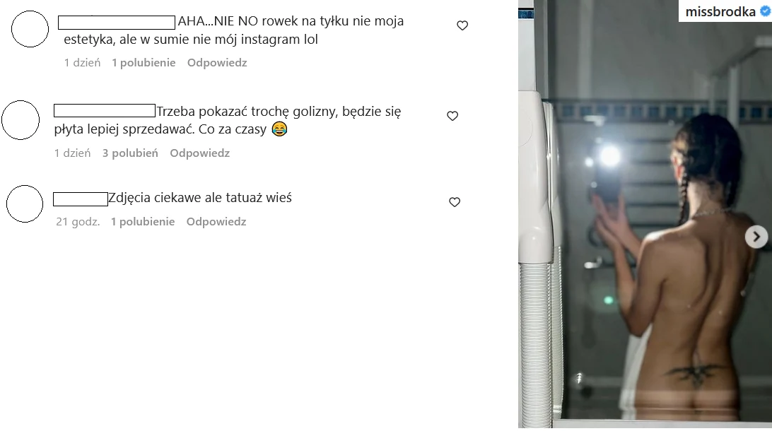 Komentarze pod zdjęciem na profilu Moniki Brodki @missbrodka/ Komentarze pod zdjęciem na profilu Moniki Brodki @missbrodka/