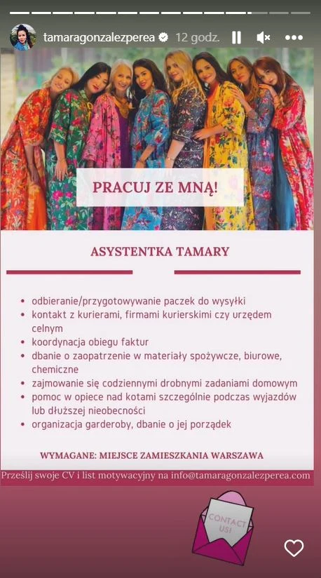 Tamara Gonzalez Perea szuka asystentki