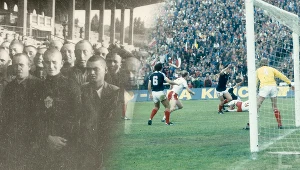 Żydowscy więźniowie obozu na stadionie w Poznaniu, który działał w latach 1941-1943 (z lewej) oraz ostatni reprezentacyjny mecz rozegrany na stadionie 22 Lipca (dziś stadionie Szyca) - Polska - Szkocja w 1980 roku (z prawej)