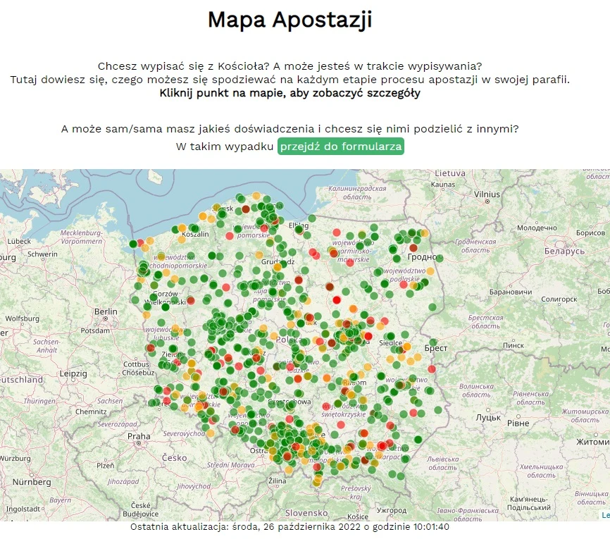 Na mapie apostazji występujący z Kościoła oceniają poszczególne parafie w kontekście doświadczeń związanych z odejściem ze wspólnoty