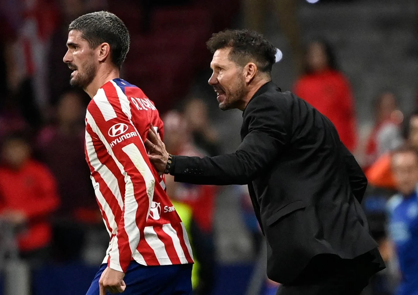 Trener Atletico Madryt - Diego Pablo Simeone oraz jego podopieczny Rodrigo de Paul