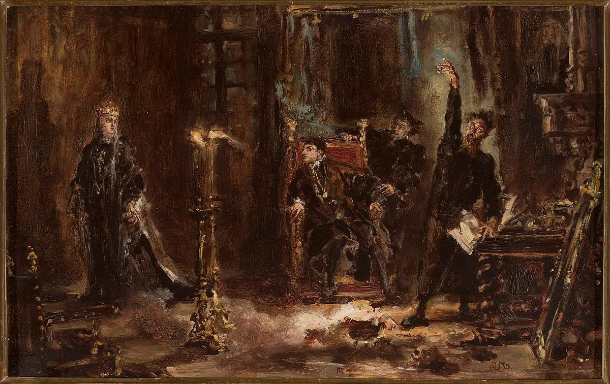 Jan Matejko: Twardowski wywołujący ducha Barbary przed Zygmuntem Augustem (szkic) Jan Matejko: Twardowski wywołujący ducha Barbary przed Zygmuntem Augustem (szkic)