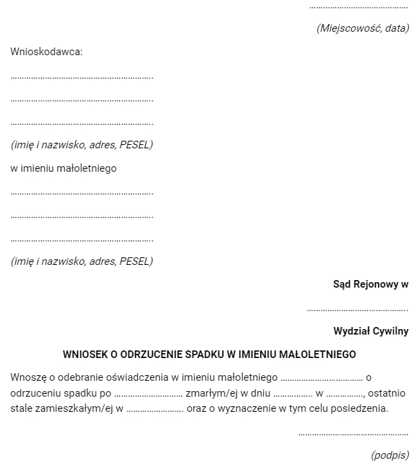 Przykładowy wzór wniosku o odrzucenie spadku Przykładowy wzór wniosku o odrzucenie spadku