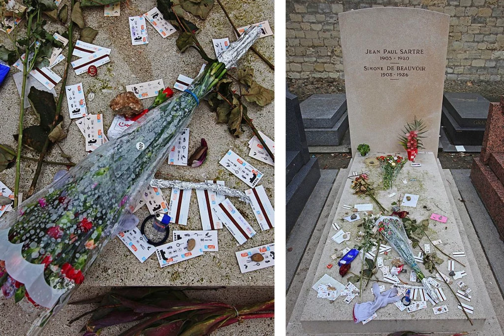 Bilety do metra na grobie Simone de Beauvoir i Jean-Paul Sartre na cmentarzu Montparnasse