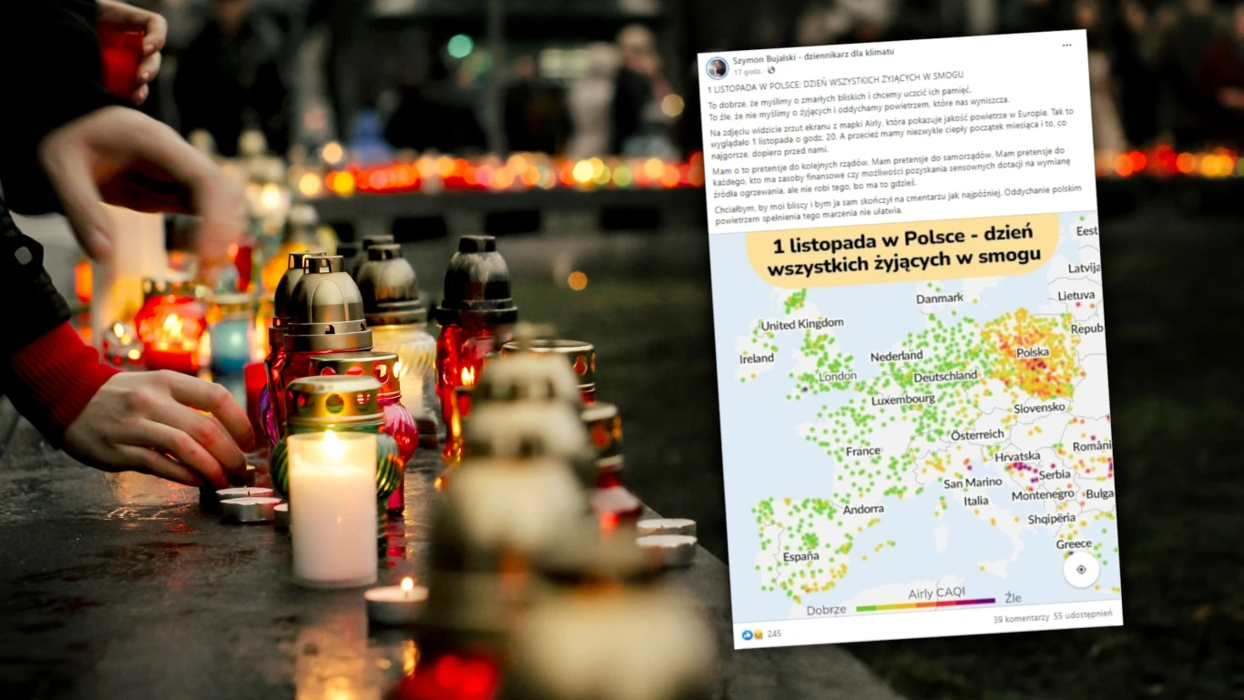 We wtorek, 1 listopada, mimo względnie ciepłej pogody, niemal nad całym krajem wieczorem odnotowano wysokie stężenie smogu We wtorek, 1 listopada, mimo względnie ciepłej pogody, niemal nad całym krajem wieczorem odnotowano wysokie stężenie smogu