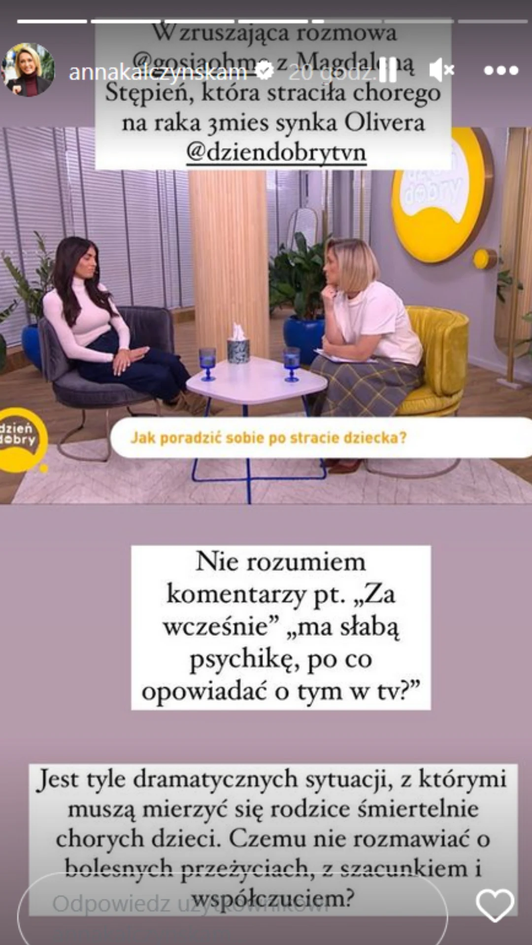 Stępień w "DDTVN" opowiedziała o śmierci syna i wywołała niezłą aferę. Głos w sprawie zabrała Kalczyńska na IG @annakalczynskam/ Stępień w "DDTVN" opowiedziała o śmierci syna i wywołała niezłą aferę. Głos w sprawie zabrała Kalczyńska na IG @annakalczynskam/