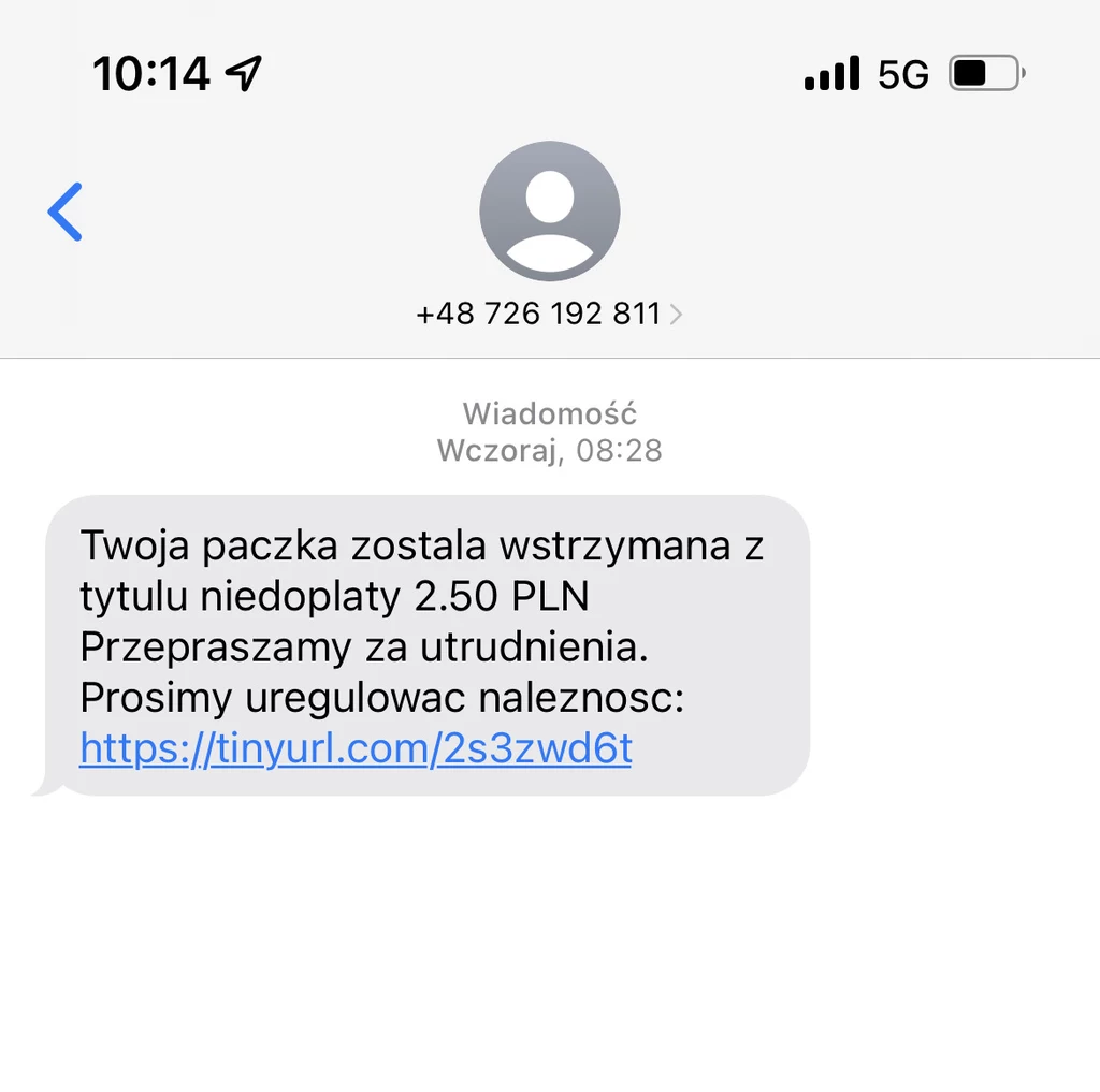 Przykładowy SMS od oszustów